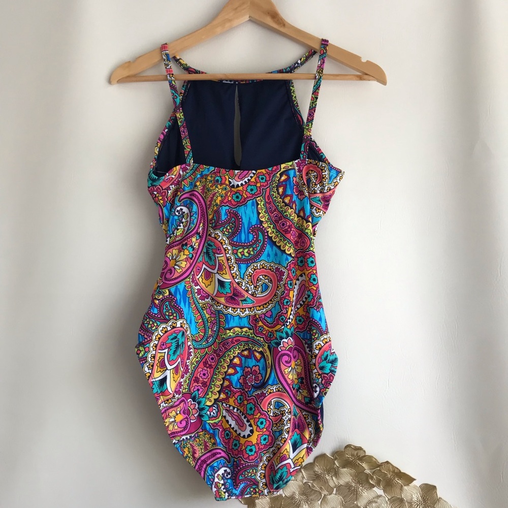 Ellen Tracy Navy Paisley Keyhole HighNeck Swimsuit - Picture 2 of 6